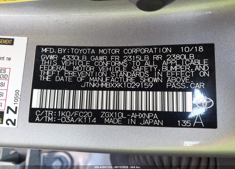 2019 TOYOTA C-HR VIN: JTNKHMBXXK1029159