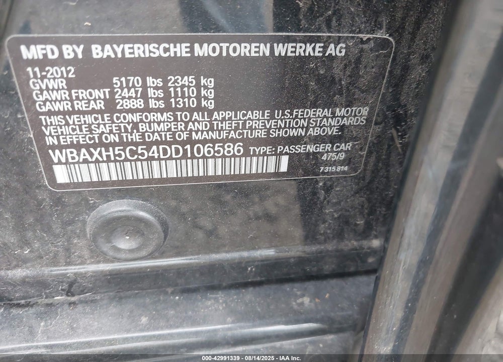 2013 BMW 528I XDRIVE VIN: WBAXH5C54DD106586