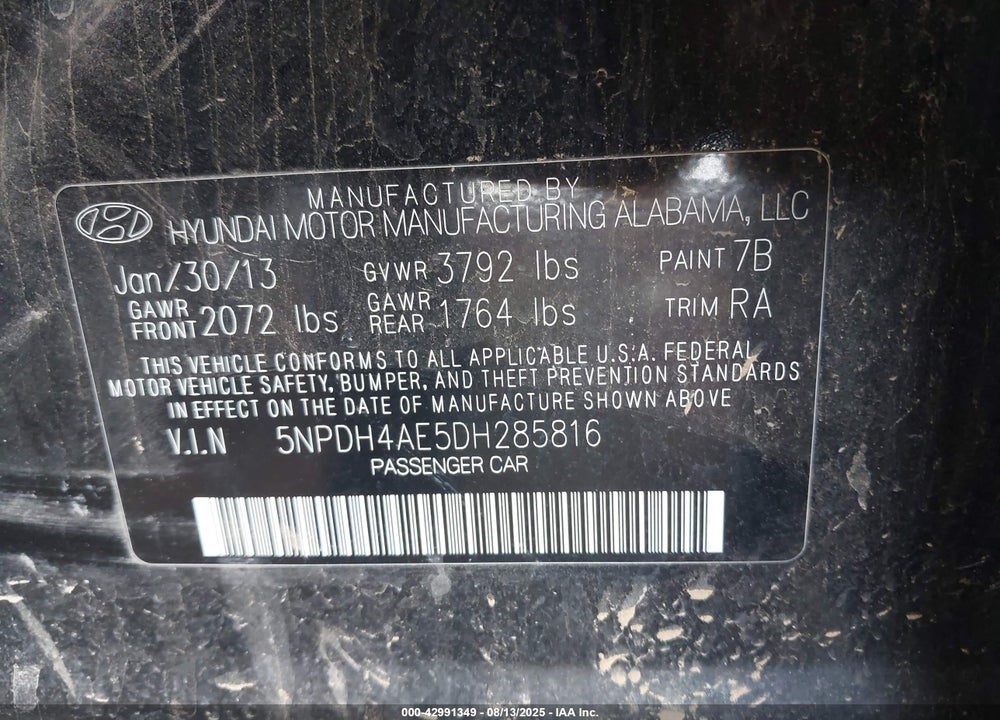 2013 HYUNDAI ELANTRA VIN: 5NPDH4AE5DH285816