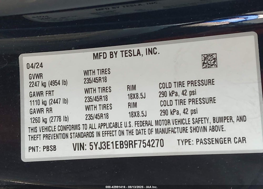 2024 TESLA MODEL 3 VIN: 5YJ3E1EB9RF754270