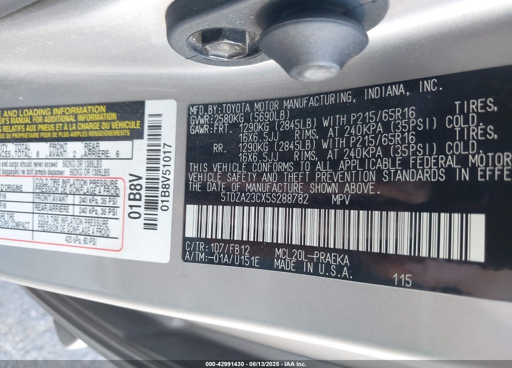 2005 TOYOTA SIENNA LE VIN: 5TDZA23CX5S288782