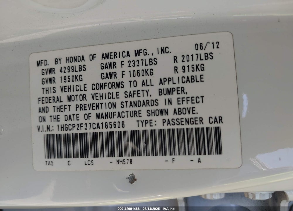 2012 HONDA ACCORD 2.4 LX VIN: 1HGCP2F37CA185606