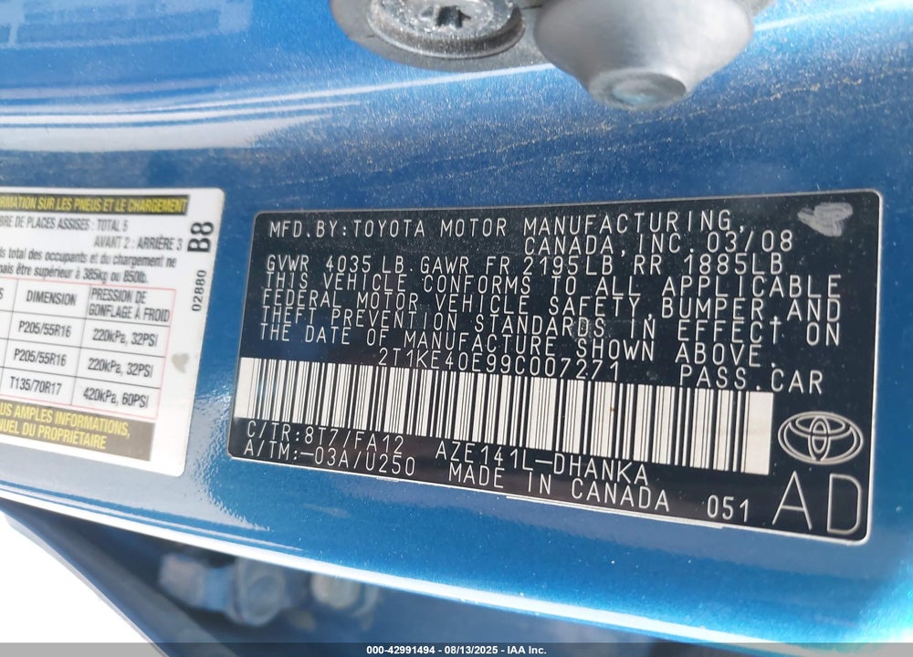 2009 TOYOTA MATRIX S VIN: 2T1KE40E99C007271