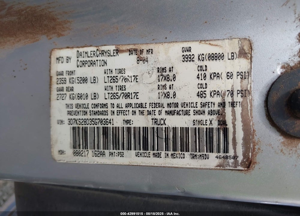 2005 DODGE RAM 2500 SLT/LARAMIE VIN: 3D7KS28D35G703641