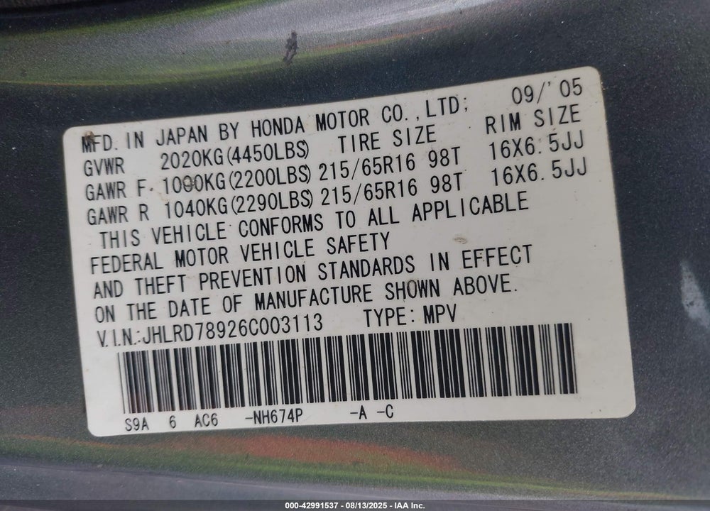 2006 HONDA CR-V SE VIN: JHLRD78926C003113