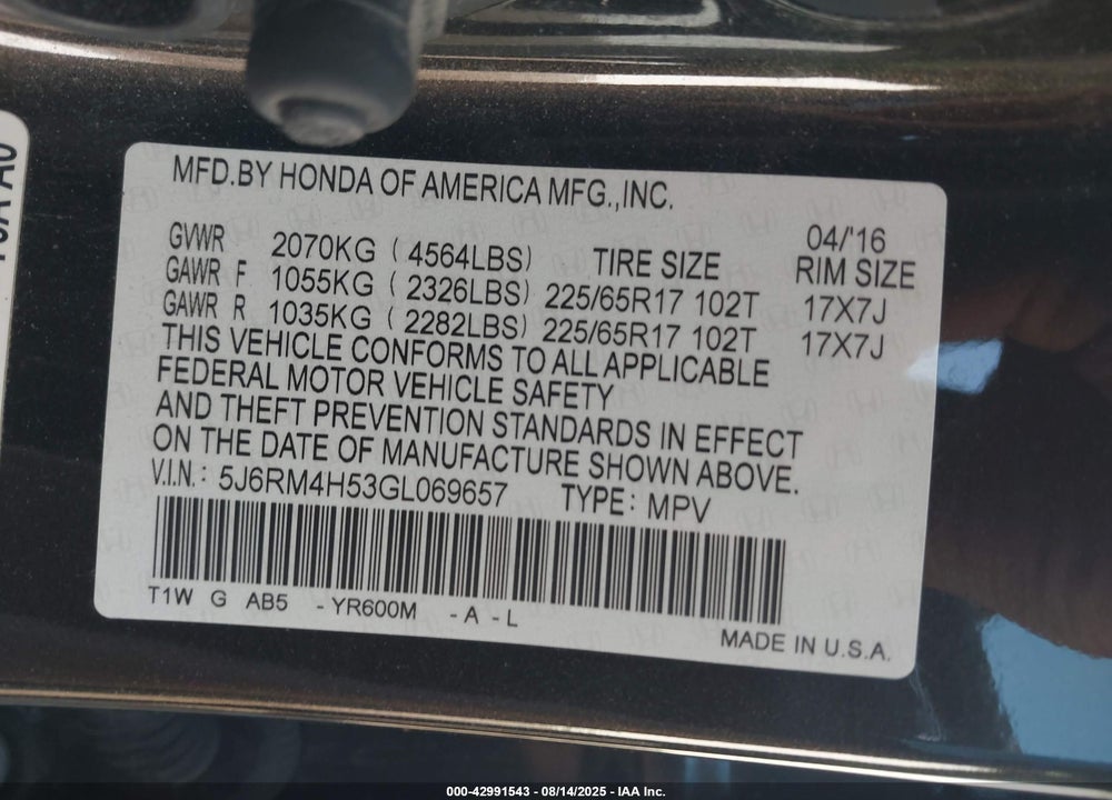 2016 HONDA CR-V EX VIN: 5J6RM4H53GL069657