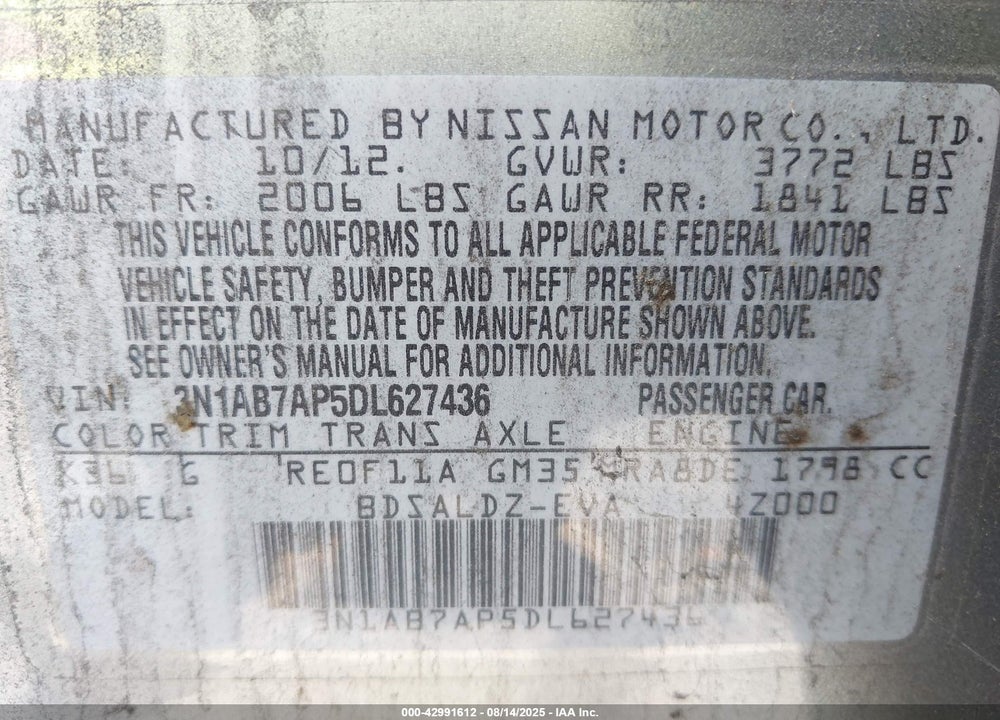2013 NISSAN SENTRA VIN: 3N1AB7AP5DL627436
