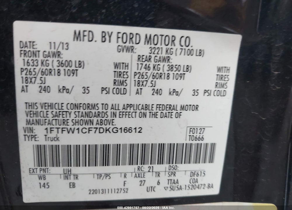 2013 FORD F-150 VIN: 1FTFW1CF7DKG16612