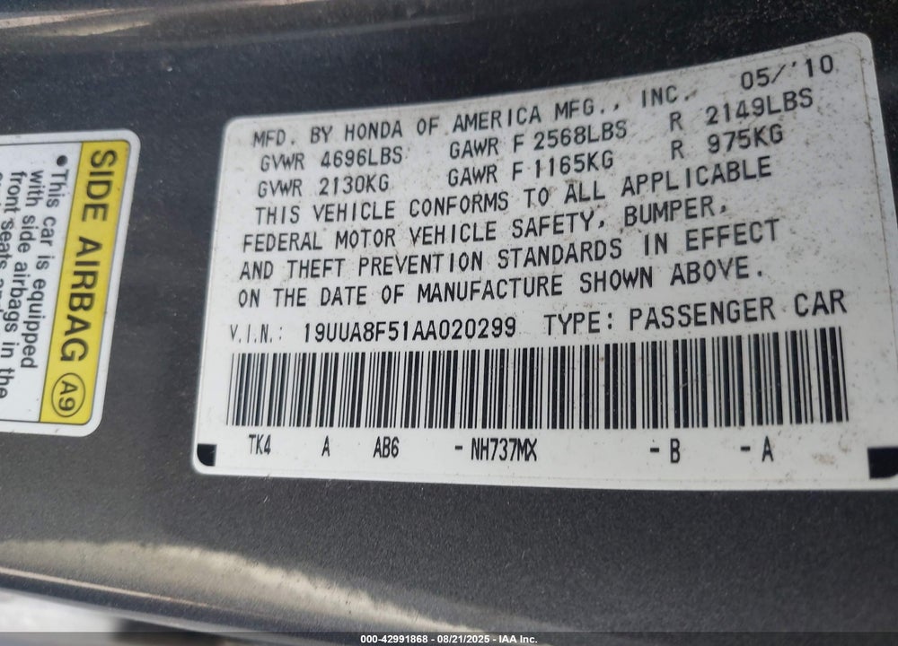 2010 ACURA TL VIN: 19UUA8F51AA020299