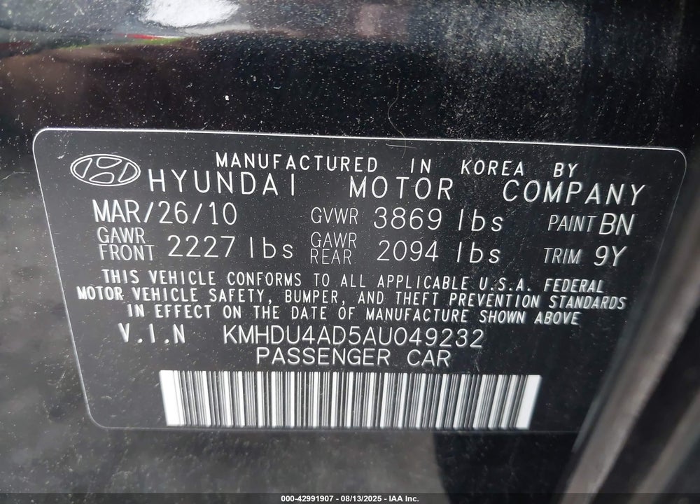 2010 HYUNDAI ELANTRA SE VIN: KMHDU4AD5AU049232