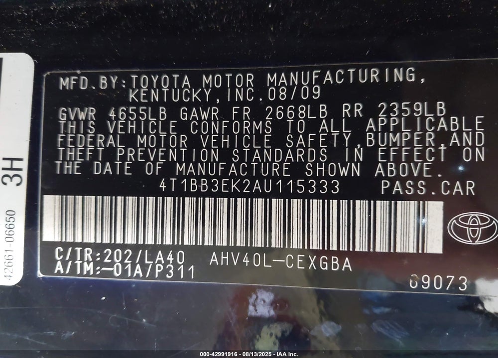 2010 TOYOTA CAMRY HYBRID VIN: 4T1BB3EK2AU115333