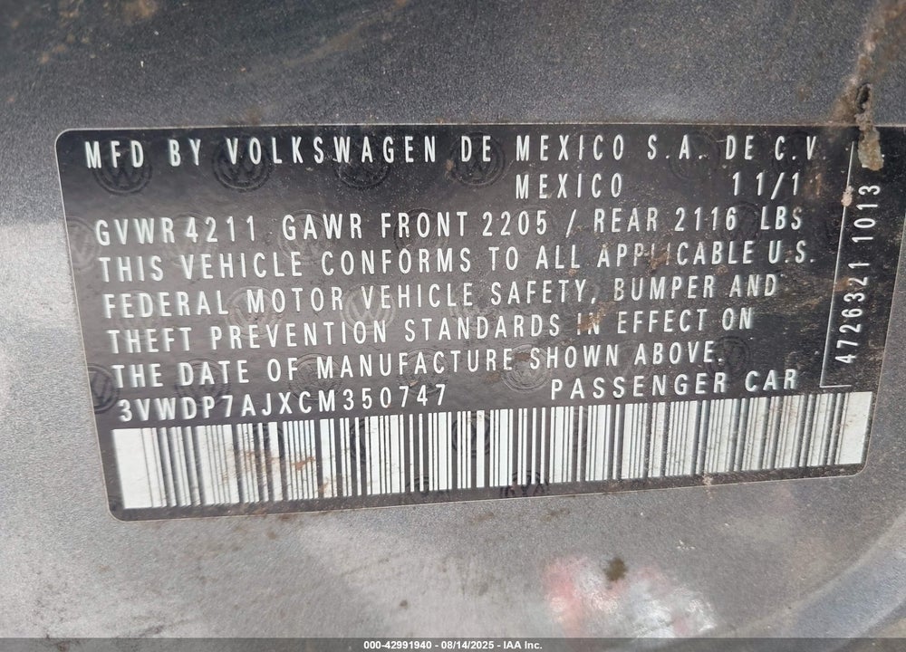 2012 VOLKSWAGEN JETTA 2.5L SE VIN: 3VWDP7AJXCM350747