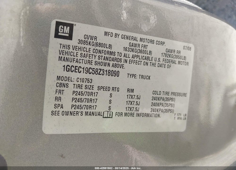 2008 CHEVROLET SILVERADO 1500 LS VIN: 1GCEC19C58Z318090
