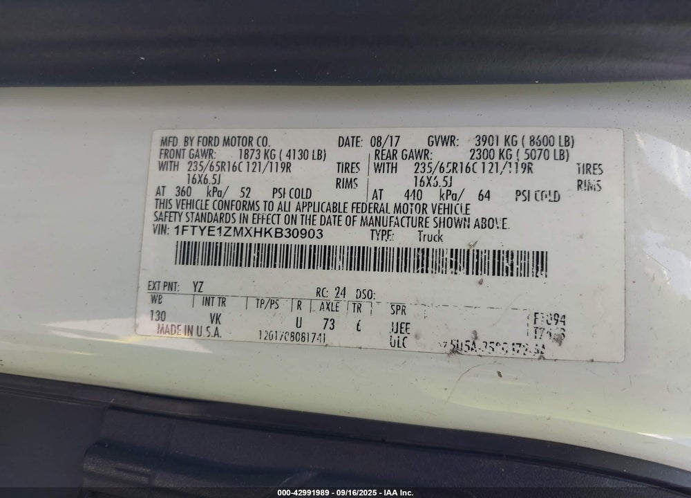 2017 FORD TRANSIT-150 VIN: 1FTYE1ZMXHKB30903