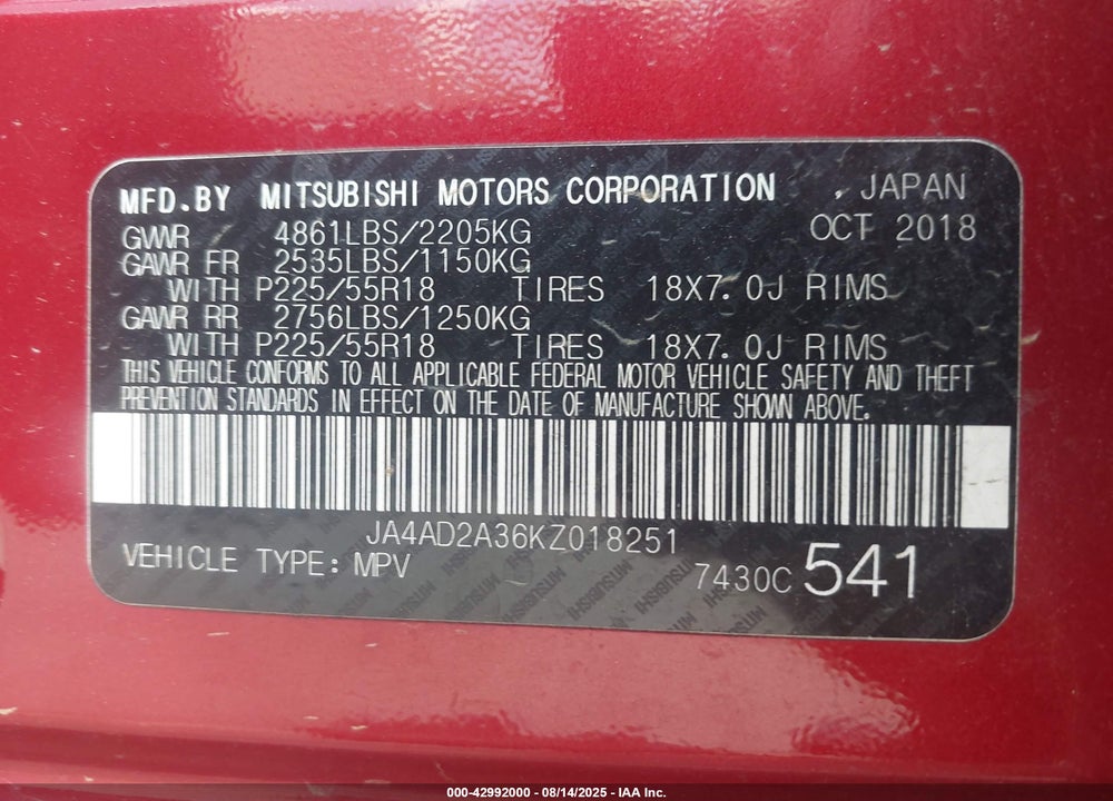 2019 MITSUBISHI OUTLANDER VIN: JA4AD2A36KZ018251