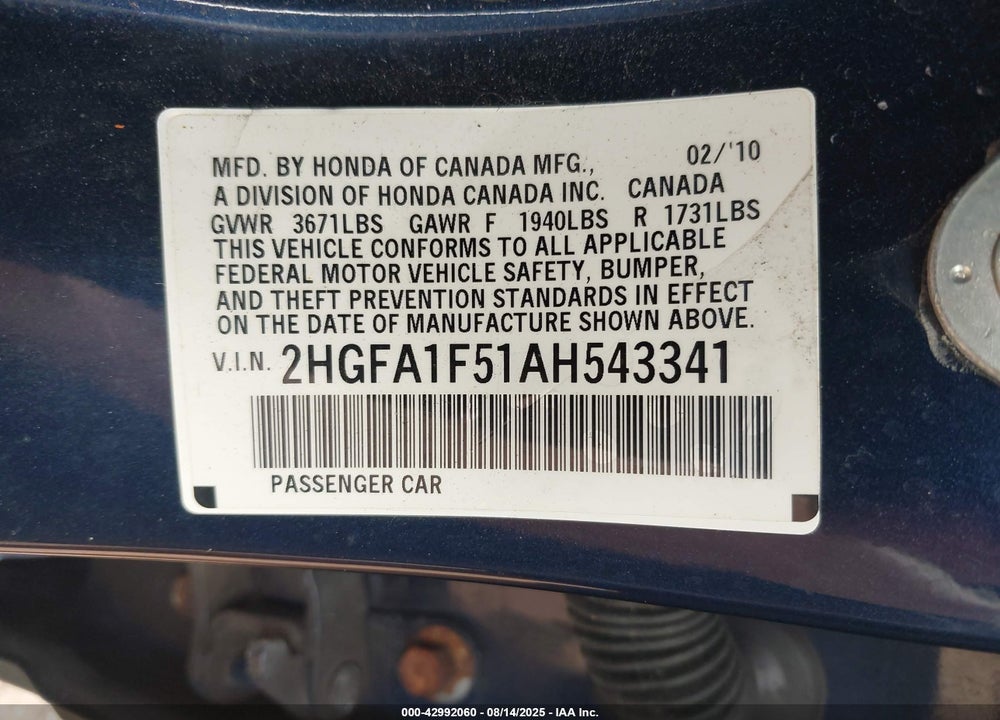 2010 HONDA CIVIC VIN: 2HGFA1F51AH543341
