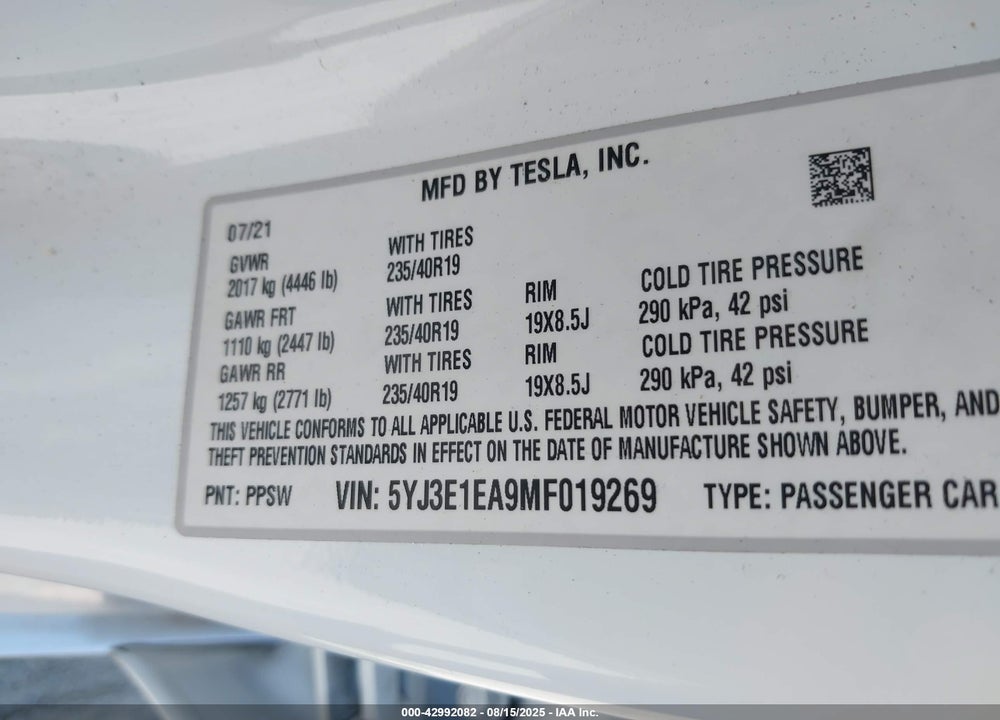 2021 TESLA MODEL 3 VIN: 5YJ3E1EA9MF019269