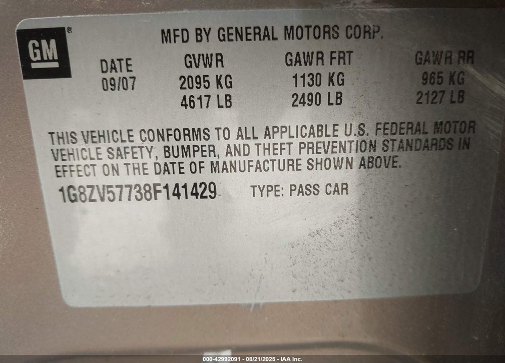 2008 SATURN AURA XR VIN: 1G8ZV57738F141429
