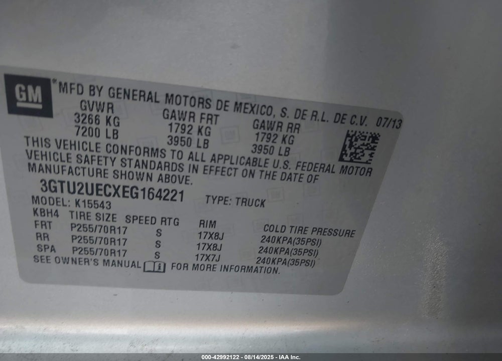 2014 GMC SIERRA 1500 VIN: 3GTU2UECXEG164221