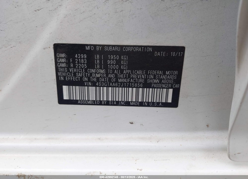 2018 SUBARU IMPREZA 2.0I VIN: 4S3GTAA62J1715856