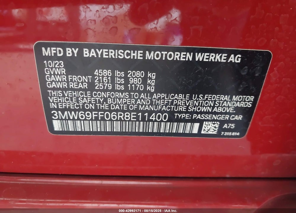 2024 BMW 3 SERIES 330I VIN: 3MW69FF06R8E11400
