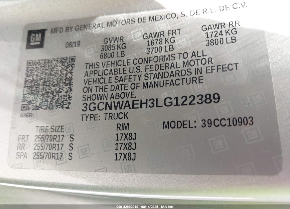 2020 CHEVROLET SILVERADO 1500 VIN: 3GCNWAEH3LG122389