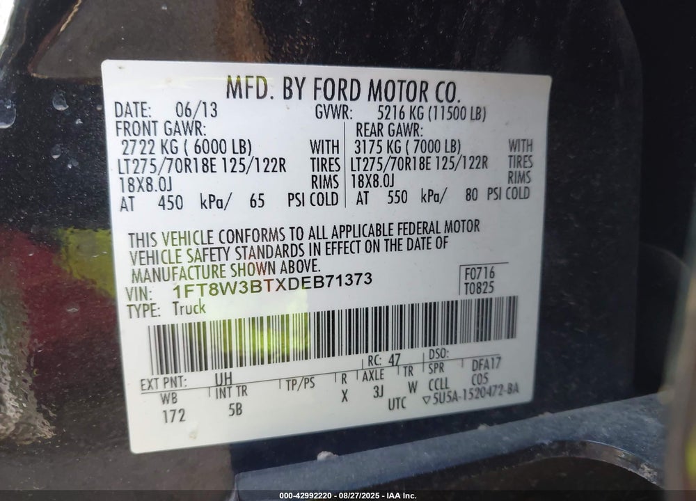 2013 FORD F-350 LARIAT VIN: 1FT8W3BTXDEB71373