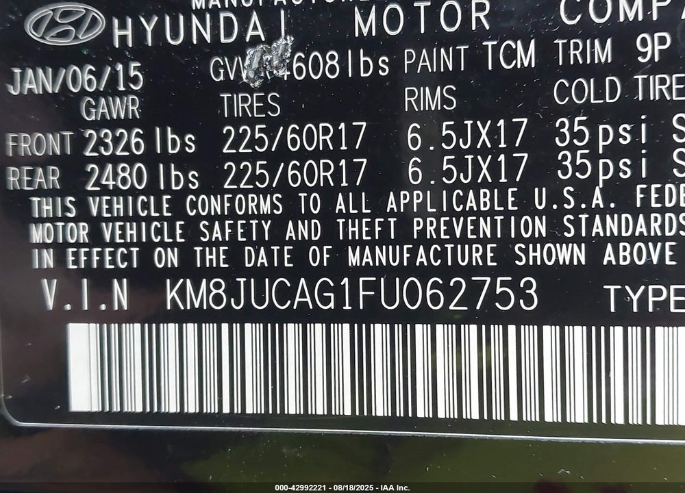 2015 HYUNDAI TUCSON VIN: KM8JUCAG1FU062753