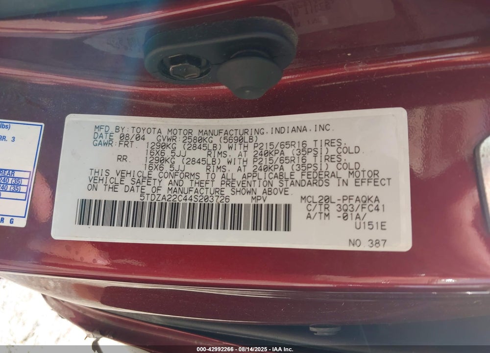 2004 TOYOTA SIENNA XLE VIN: 5TDZA22C44S203726