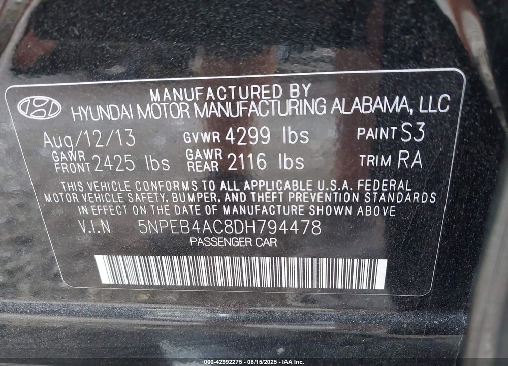 2013 HYUNDAI SONATA VIN: 5NPEB4AC8DH794478