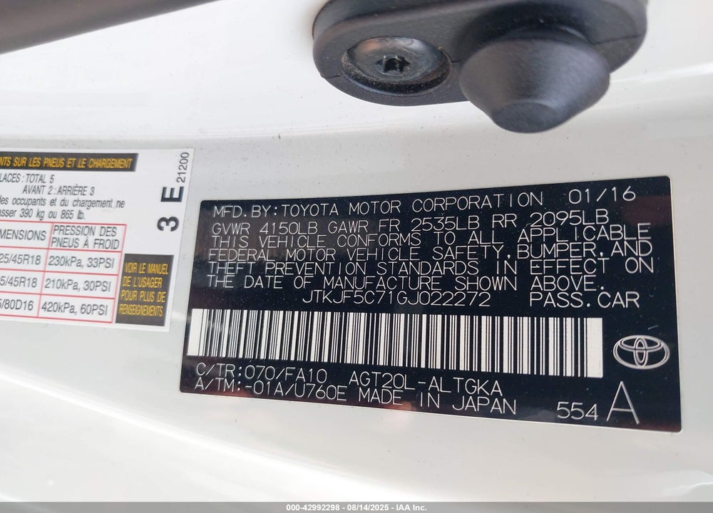 2016 SCION TC VIN: JTKJF5C71GJ022272