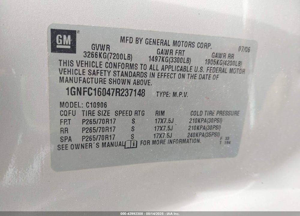 2007 CHEVROLET SUBURBAN 1500 LT VIN: 1GNFC16047R237148