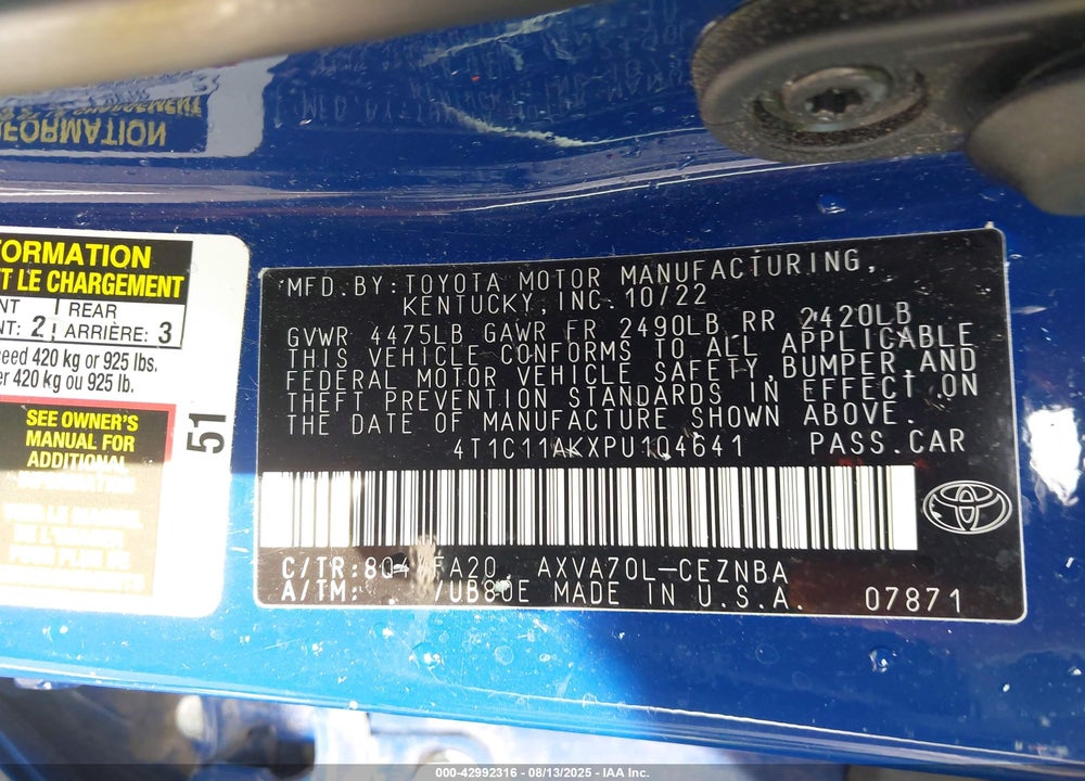 2023 TOYOTA CAMRY VIN: 4T1C11AKXPU104641