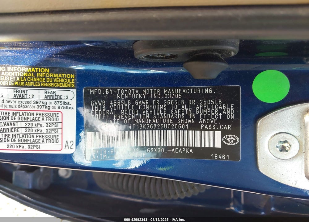 2005 TOYOTA AVALON LIMITED VIN: 4T1BK36B25U020601