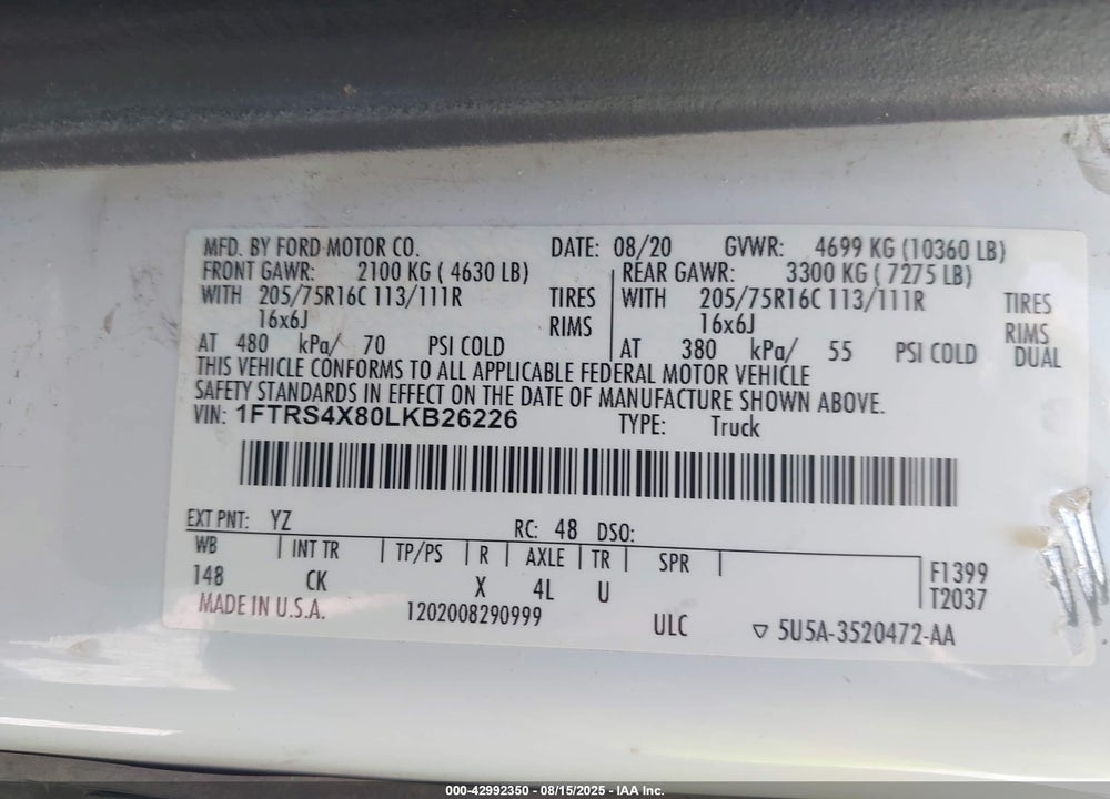2020 FORD TRANSIT-350 CARGO VAN VIN: 1FTRS4X80LKB26226