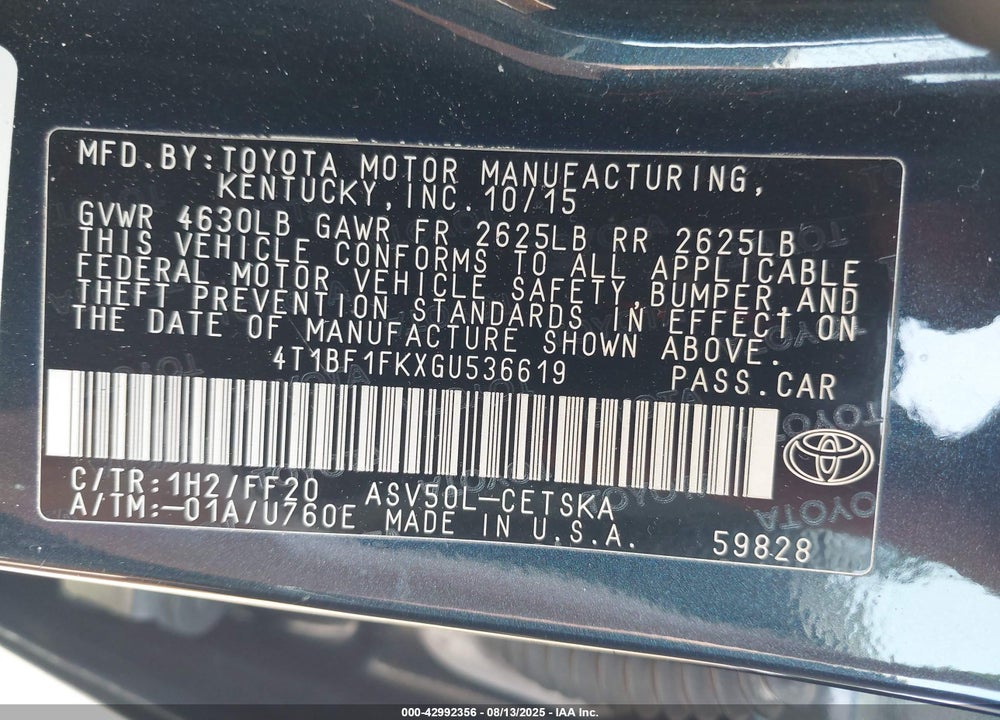 2016 TOYOTA CAMRY VIN: 4T1BF1FKXGU536619