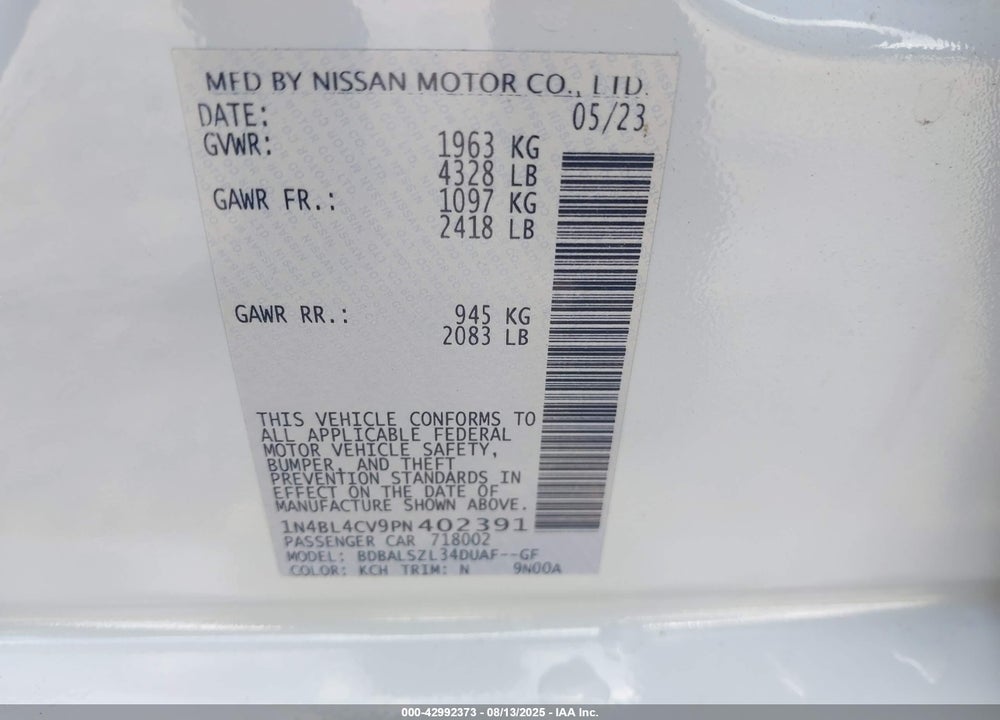 2023 NISSAN ALTIMA SR FWD VIN: 1N4BL4CV9PN402391