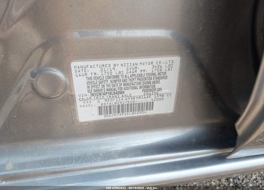 2019 NISSAN VERSA VIN: 3N1CN7AP1KL842504