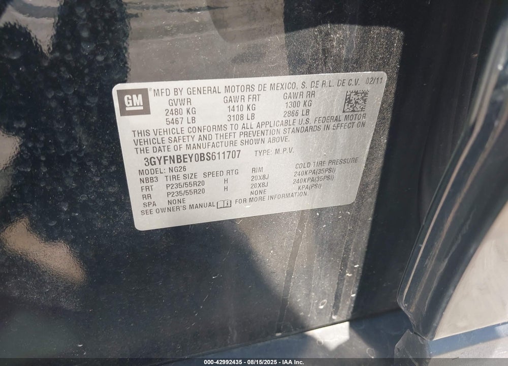 2011 CADILLAC SRX VIN: 3GYFNBEY0BS611707