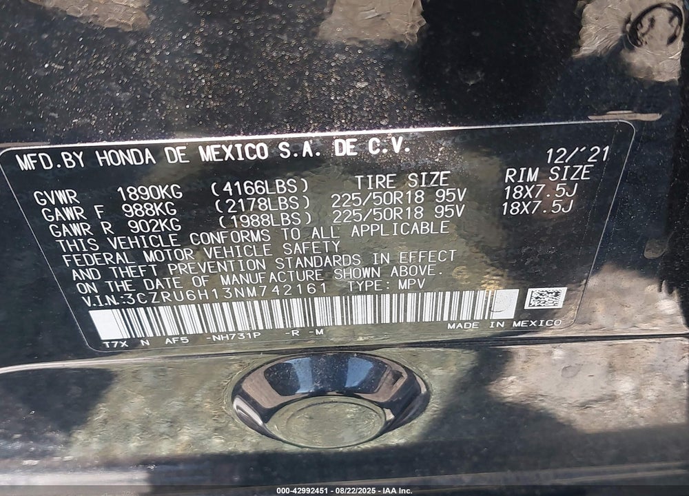 2022 HONDA HR-V AWD SPORT VIN: 3CZRU6H13NM742161