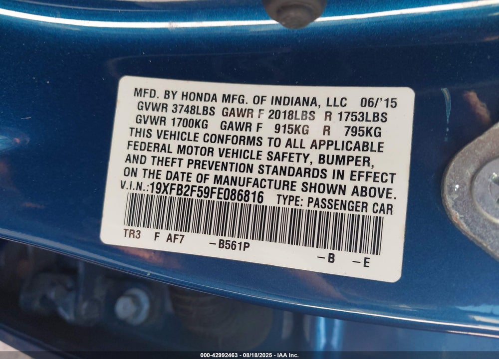 2015 HONDA CIVIC VIN: 19XFB2F59FE086816
