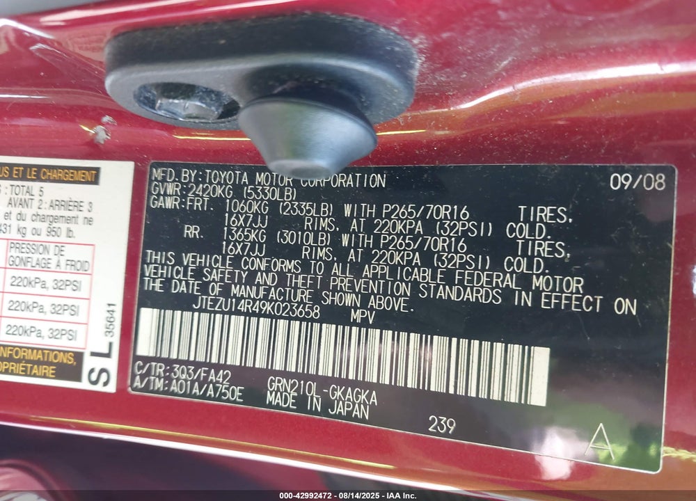 2009 TOYOTA 4RUNNER VIN: JTEZU14R49K023658