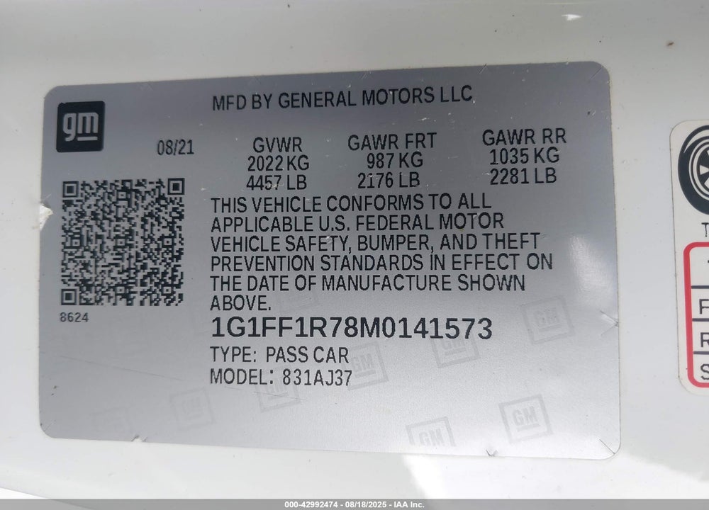 2021 CHEVROLET CAMARO VIN: 1G1FF1R78M0141573