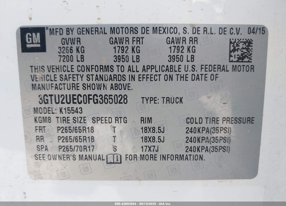 2015 GMC SIERRA 1500 VIN: 3GTU2UEC0FG365028