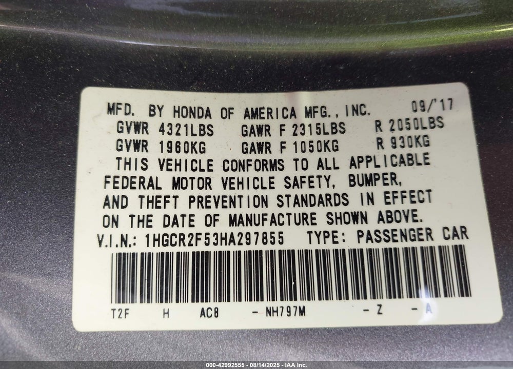 2017 HONDA ACCORD SPORT VIN: 1HGCR2F53HA297855