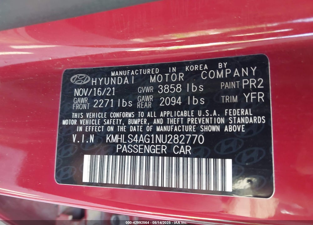 2022 HYUNDAI ELANTRA SEL VIN: KMHLS4AG1NU282770