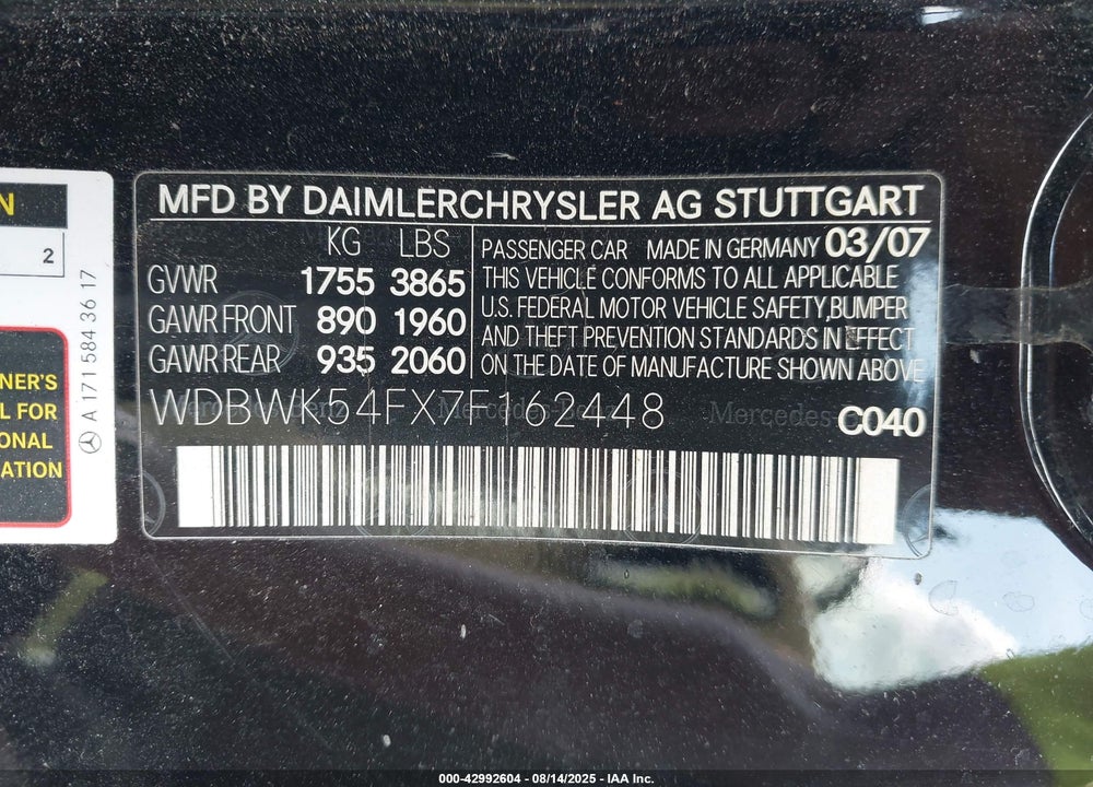 2007 MERCEDES-BENZ SLK 280 VIN: WDBWK54FX7F162448