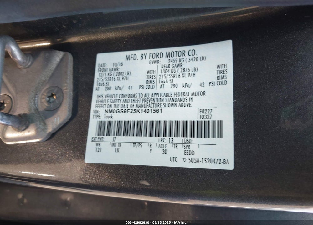 2019 FORD TRANSIT CONNECT XLT VIN: NM0GS9F25K1401561