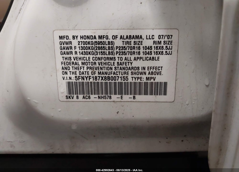 2008 HONDA PILOT EX-L VIN: 5FNYF187X8B007155