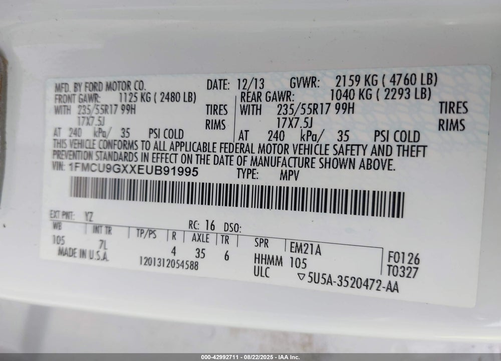 2014 FORD ESCAPE VIN: 1FMCU9GXXEUB91995